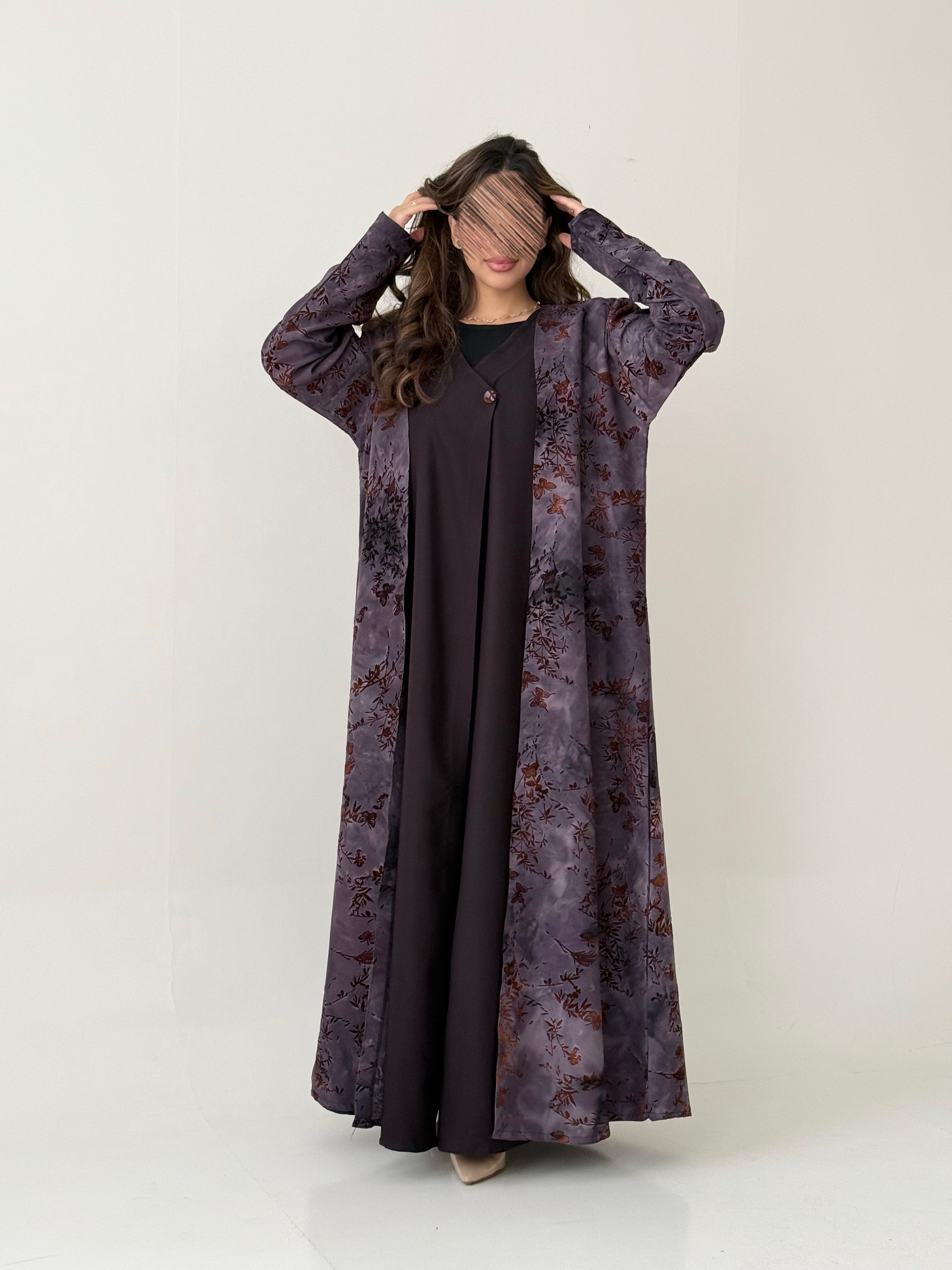 S841  عباية مع طرحة نص كلوش كتان